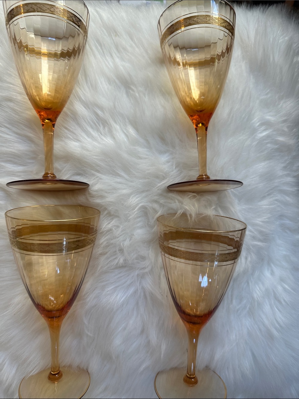 Vintage Amber Stemmed Wine Glasses with Gold Trim - Set of 4